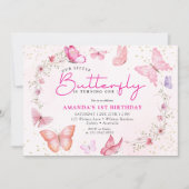 Pink floral Glitter a little Butterfly birthday  Kaart (Voorkant)