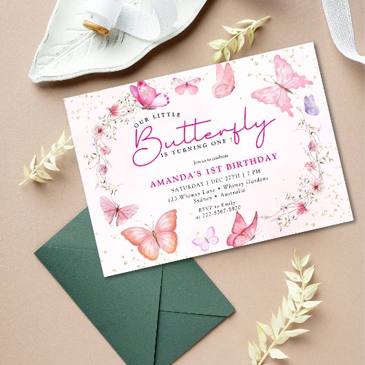 Pink floral Glitter a little Butterfly birthday  Kaart