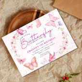 Pink floral Glitter a little Butterfly birthday  Kaart