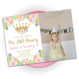 Pink Floral Glitter Princess Birthday met foto Kaart