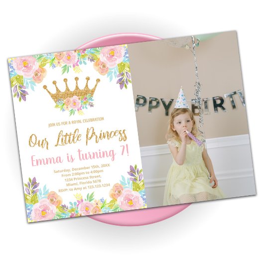 Pink Floral Glitter Princess Birthday met foto Kaart