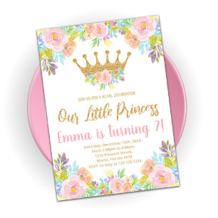 Pink Floral Glitter Princess Birthday Uitnodiginge Kaart