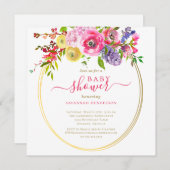 Pink Floral Gold Accents Script Baby shower Invita Kaart (Voorkant / Achterkant)