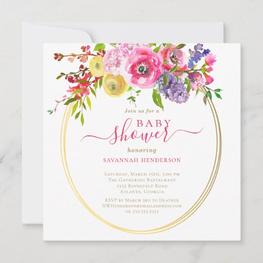 Pink Floral Gold Accents Script Baby shower Invita Kaart (Voorkant)