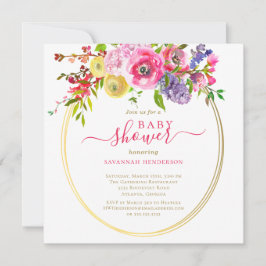 Pink Floral Gold Accents Script Baby shower Invita Kaart