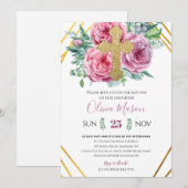 Pink Floral Gold Baptism Invitation Kaart (Voorkant / Achterkant)