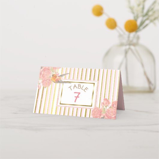 PInk Floral Gold Bird Wedding Table Number Plaatskaartje (Voorkant)