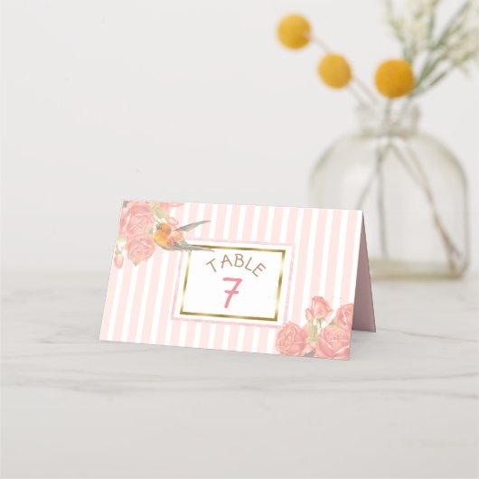 PInk Floral Gold Bird Wedding Table Number Plaatskaartje (Voorkant)