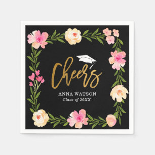 Pink Floral Gold Cheers Custom Graduparty Servet