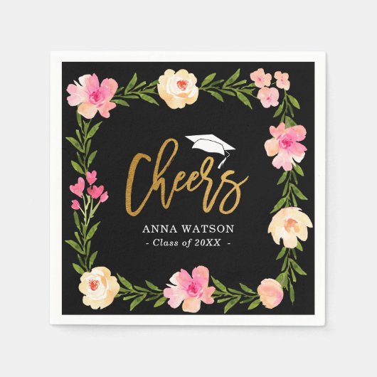 Pink Floral Gold Cheers Custom Graduparty Servet (Voorkant)