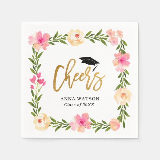 Pink Floral Gold Cheers Custom Graduparty Servet (Voorkant)