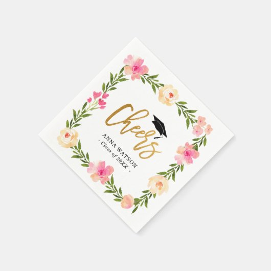 Pink Floral Gold Cheers Custom Graduparty Servet (Hoek)