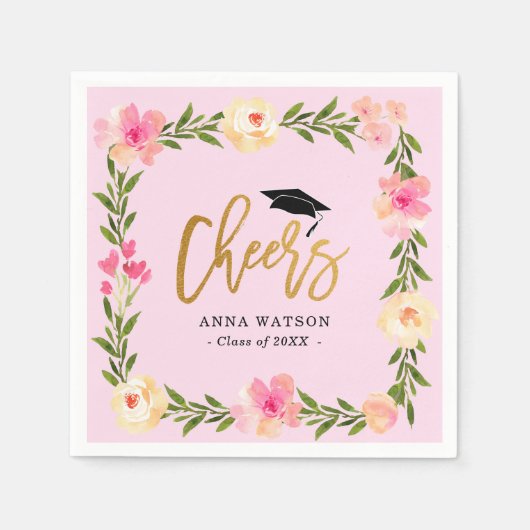 Pink Floral Gold Cheers Custom Graduparty Servet (Voorkant)