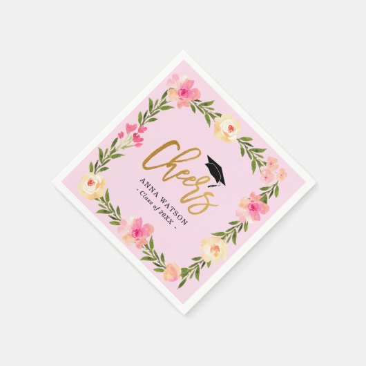 Pink Floral Gold Cheers Custom Graduparty Servet (Hoek)