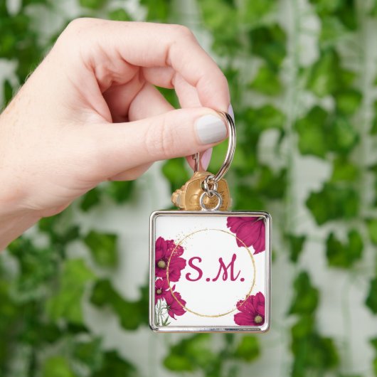 Pink Floral Gold Circle Keychain (Hand)