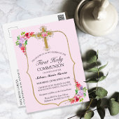 PINK FLORAL GOLD CROSS 1ST COMMUNION INVITATION BRIEFKAART
