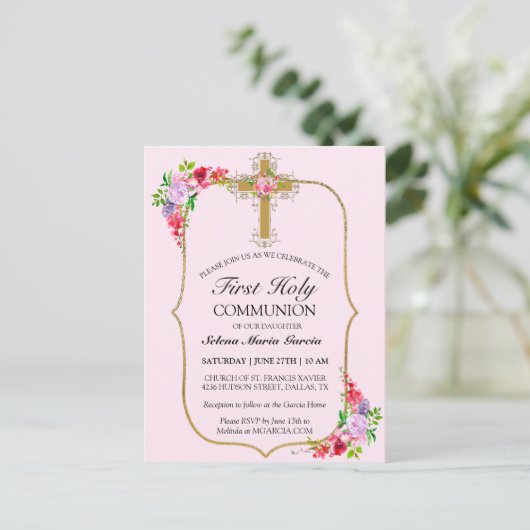 PINK FLORAL GOLD CROSS 1ST COMMUNION INVITATION BRIEFKAART (Staand voorkant)