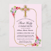 PINK FLORAL GOLD CROSS 1ST COMMUNION INVITATION BRIEFKAART (Voorkant)