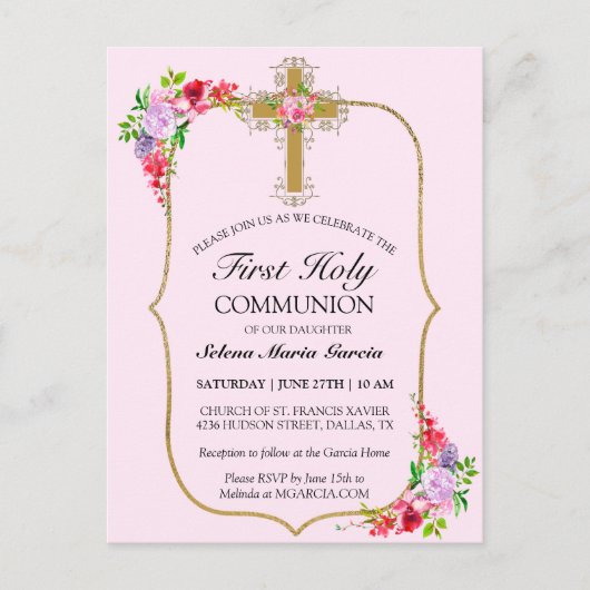 PINK FLORAL GOLD CROSS 1ST COMMUNION INVITATION BRIEFKAART (Voorkant)