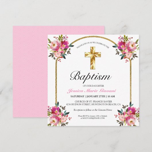 PInk Floral Gold Cross Baptism Uitnodiging (Voorkant / Achterkant)