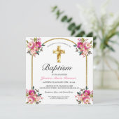 PInk Floral Gold Cross Baptism Uitnodiging (Staand voorkant)