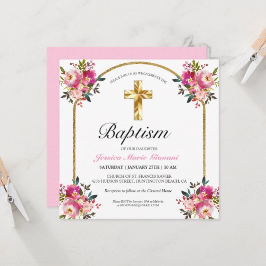  PInk Floral Gold Cross Baptism Uitnodiging (Voorkant / Achterkant in situ)