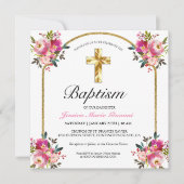 PInk Floral Gold Cross Baptism Uitnodiging (Voorkant)