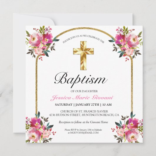  PInk Floral Gold Cross Baptism Uitnodiging (Voorkant)