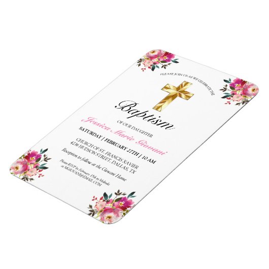  PInk Floral Gold Cross Baptism Uitnodiging Magneet (Linkerzijde)
