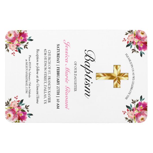  PInk Floral Gold Cross Baptism Uitnodiging Magneet (Horizontaal)