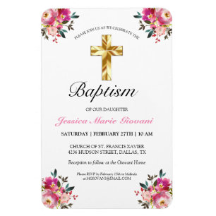  PInk Floral Gold Cross Baptism Uitnodiging Magneet