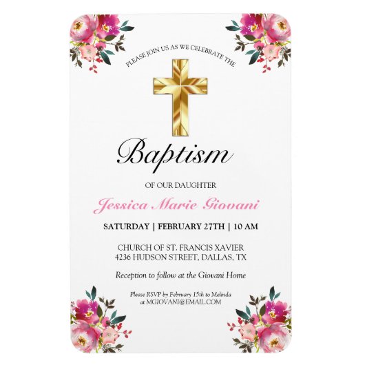  PInk Floral Gold Cross Baptism Uitnodiging Magneet (Verticaal)