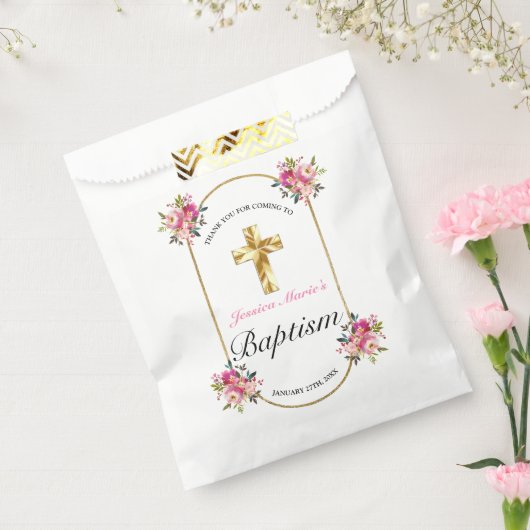  PInk Floral Gold Cross Baptisme Bedankzakje (Gezegeld)