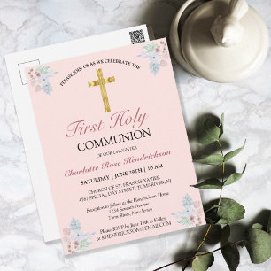 Pink Floral Gold Cross First Communion Invitation Briefkaart