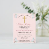 Pink Floral Gold Cross First Communion Invitation Briefkaart (Staand voorkant)
