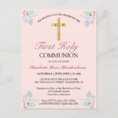 Pink Floral Gold Cross First Communion Invitation Briefkaart (Voorkant)