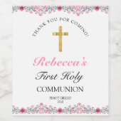 Pink Floral Gold Cross First Heilige Communie Wijn Etiket (Enkel label)