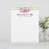 Pink Floral & Gold Glam Waterverf Moderne Stripe Briefhoofd (Staand voorkant)