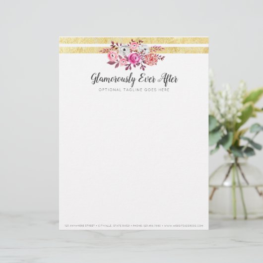 Pink Floral & Gold Glam Waterverf Moderne Stripe Briefhoofd (Staand voorkant)