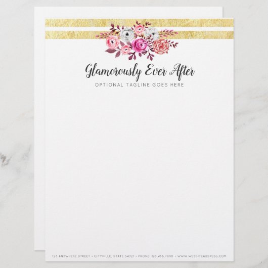 Pink Floral & Gold Glam Waterverf Moderne Stripe Briefhoofd (Voorkant / Achterkant)