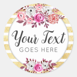 Pink Floral & Gold Glam Waterverf Moderne Stripe Ronde Sticker