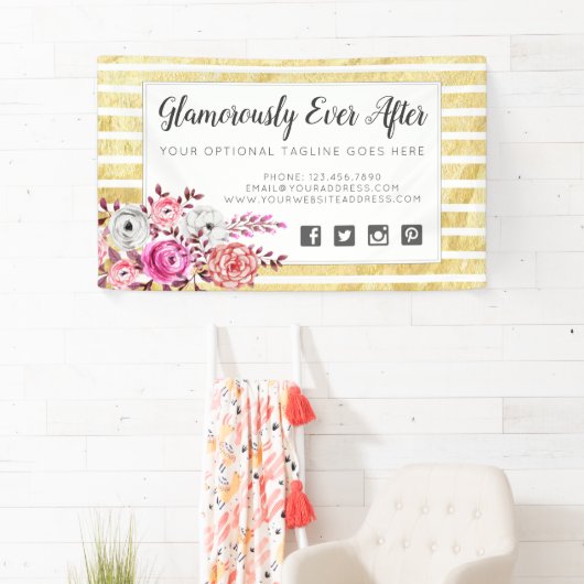 Pink Floral & Gold Glam Waterverf Moderne Stripe Spandoek (Insitu)