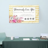 Pink Floral & Gold Glam Waterverf Moderne Stripe Spandoek (Beurs)