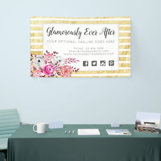 Pink Floral & Gold Glam Waterverf Moderne Stripe Spandoek (Beurs)