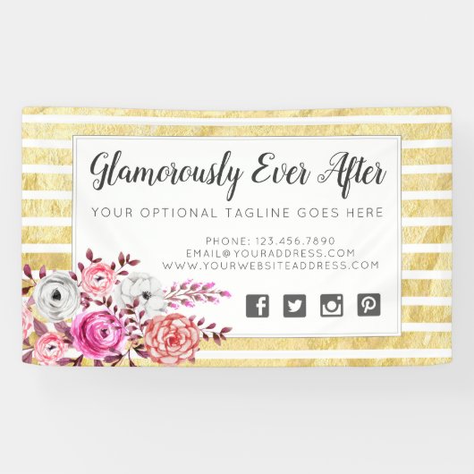 Pink Floral & Gold Glam Waterverf Moderne Stripe Spandoek (Horizontaal)