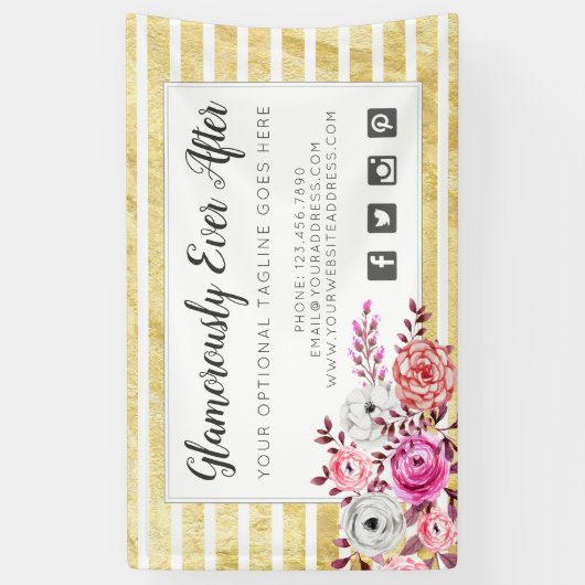 Pink Floral & Gold Glam Waterverf Moderne Stripe Spandoek (Verticaal)
