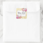 Pink Floral & Gold Glam Waterverf Moderne Stripe Vierkante Sticker (Tas)