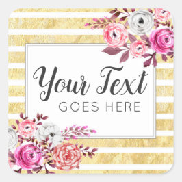 Pink Floral & Gold Glam Waterverf Moderne Stripe Vierkante Sticker