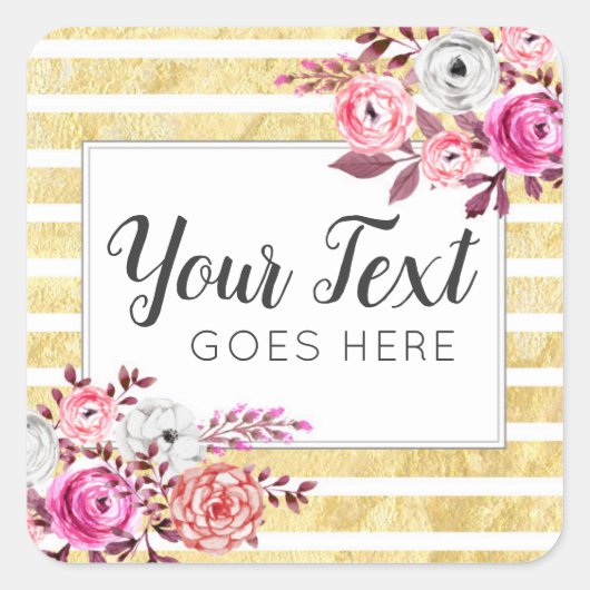 Pink Floral & Gold Glam Waterverf Moderne Stripe Vierkante Sticker (Voorkant)