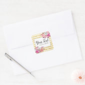 Pink Floral & Gold Glam Waterverf Moderne Stripe Vierkante Sticker (Envelop)
